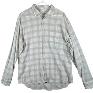 Billy Reid Mens XXL Plaid Button Down Shirt Beige Blue Cotton Linen Standard Cut